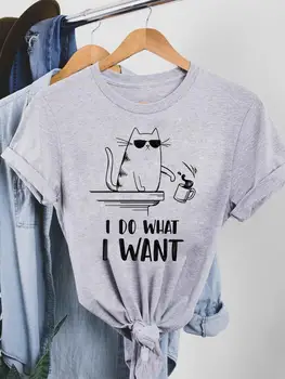 Тенденцията стил С надпис Cat Пет 90-те години, облекло, Дамска лятна тениска, тениска с графичен принтом, Модерни ежедневни ризи с къс ръкав