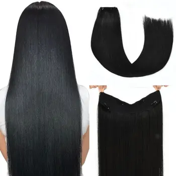 Удължаване на косата, човешка коса 100% Реми, Копринена директни # 1, Черно jet black, светли парчета коса във формата на риба линия с 4 скоби за жени