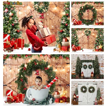 Украса Коледен венец Mocsicka Фон за снимки Коледно дърво Ухилен Звездни светлини Подаръци Дървени врати Фон за снимки Подпори