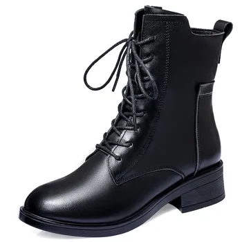 Черни кожени обувки, дамски обувки дантела с кръгло бомбе, ботильоны, есенно-зимни обувки, удобни и модни дамски обувки