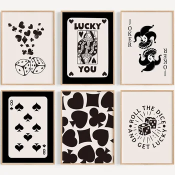 Черно-бежовата а карта за игра на покер, стенни пана Lucky You за всекидневната, Куадрос, плакат в скандинавски стил, монтиране на изкуството, платно, боядисване, декорация