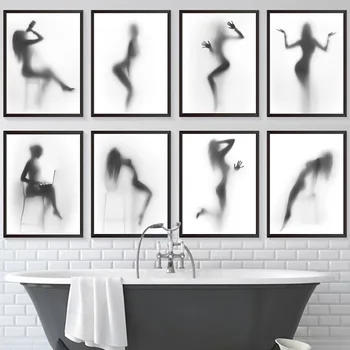 Черно-бяла абстрактна красота, Жените, Секси гол момиче, душ, неясни плакати, щампи върху платно, картини за баня, арт декора на стените