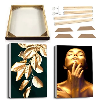 Черно Злато Женски лист, Луксозен плакат с рамка, модерно изкуство, Абстрактна фигура Растения, платно, стенни картина, хол