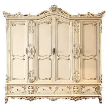 Четырехдверный шкаф от масивно дърво в европейски стил, френски сребрист шкаф за съхранение, луксозни мебели за вила