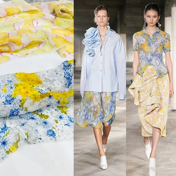 Шифоновая плат с европейските и американските модел 2023 г., пролетно-лятна ярко-жълта кърпа за поли с флорални цветя за жени