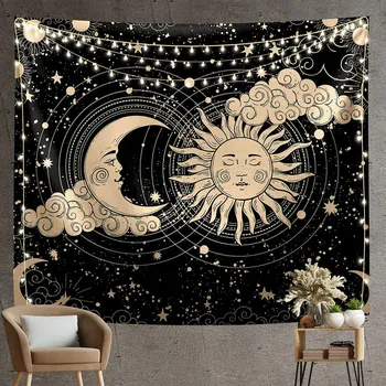 Гоблен със Слънцето и Луната Естетически Кошмарен Черно гоблен със Слънцето и Луната, който виси на стената за декор на стаята - 130x150 см